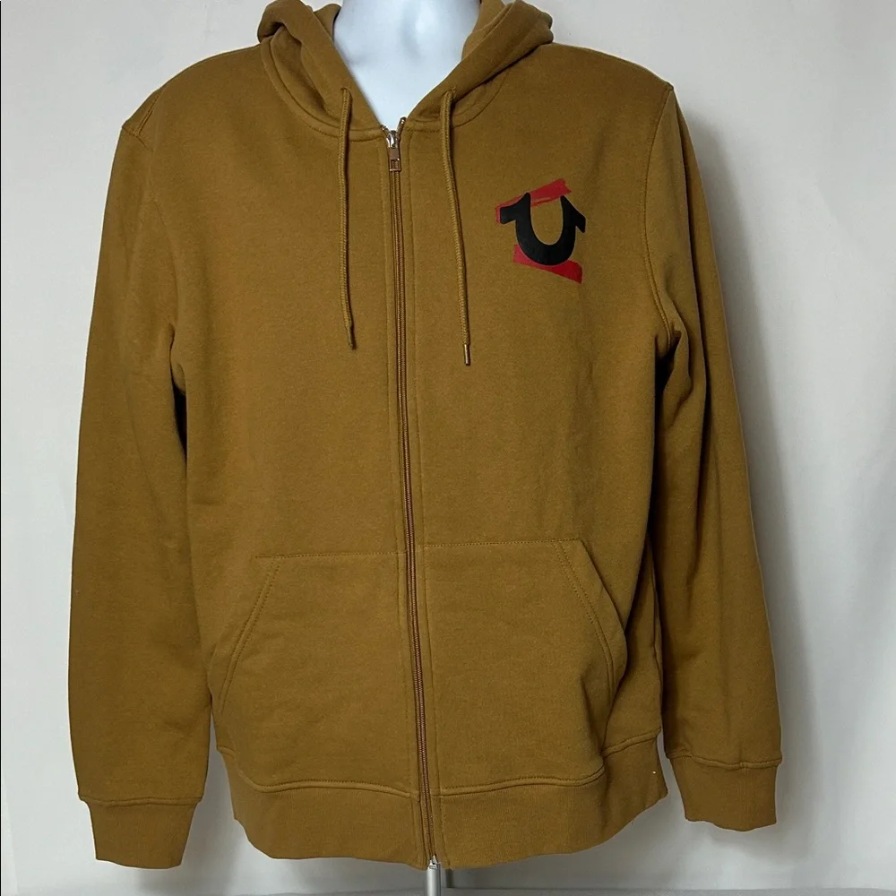 True Religion Men’s Size Large Brown Zip Front Hoodie with Large Graphic on Back